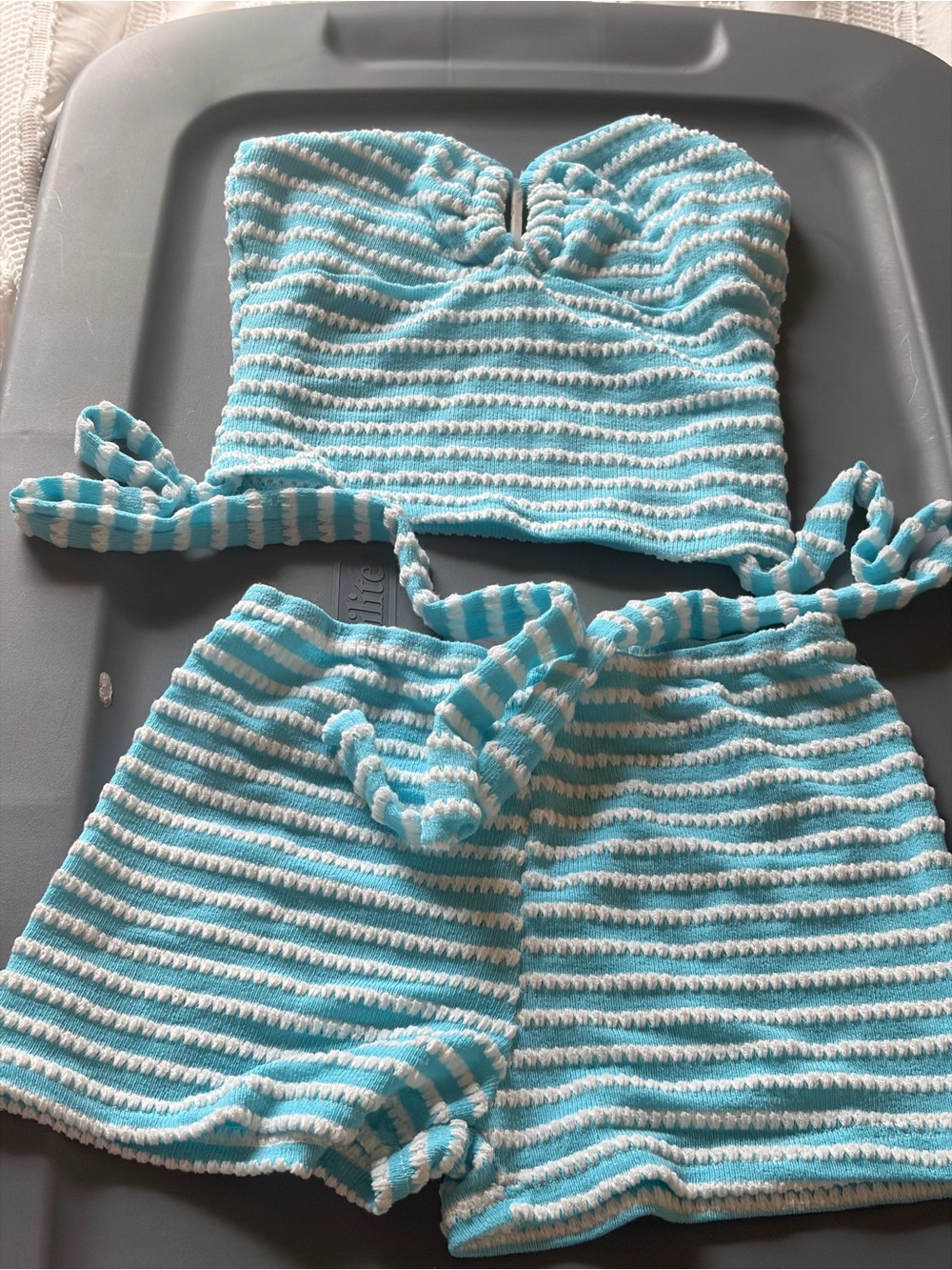 Striped Turquoise & White Knit Tube Top and Shorts Set